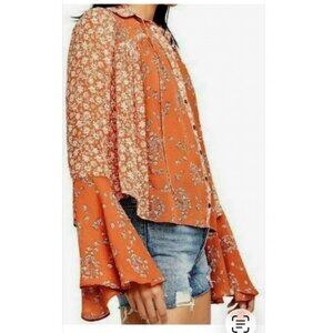 Free People L Serena Rust Floral Bell Sleeve Button-Up Blouse boho semi sheer